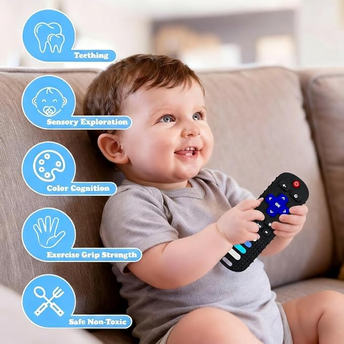 Baby Teether Toy, TV Remote Control Shape Teething Baby Toys for Infants, Baby Chew Remote Teether Toys for Babies 3-24 Months,BPA Free(Black)