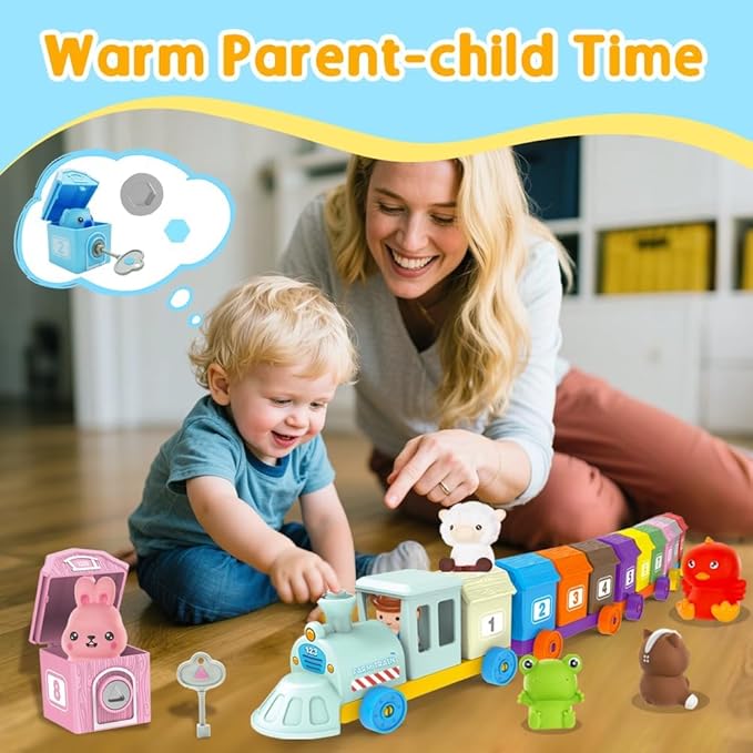 Farm Train Toys for Toddlers 1 2 3 Years Old, Learning Montessori Toys with 10 Farm Animals Finger Puppets 1 Farmer, Counting Matching Sorting Barns with Keys, Educational Toy Gift for Boys Girls