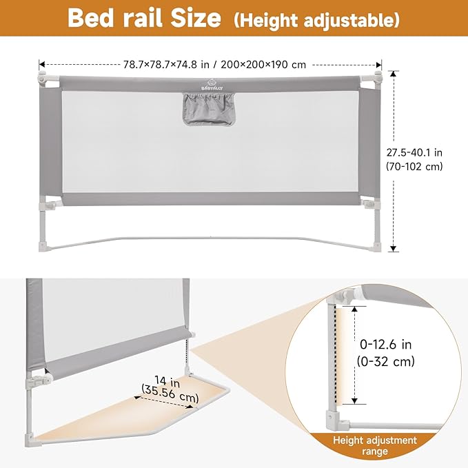 Quick Assembled Bed Rail for Baby, Foldable Toddlers Bed Rails, Height Adjustable Bed Rail Guard, Steady and Safty for King Size Bed (2 Sides 78.7"+1 Side 74.8'')