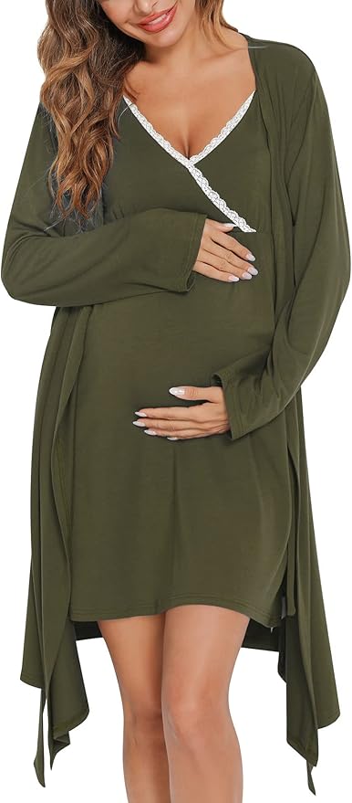 SWOMOG Womens Maternity Robe 2 Piece Nursing Nightgown for Breastfeeding 3 in 1 Labor Delivery Nursing Dress Lace Bathrobe