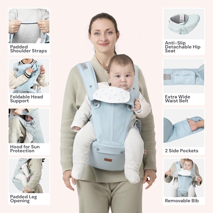 BabbleRoo Grow Carrier – Safety-Certified 6-in-1 Baby Carrier with Hip Seat, Ergonomic & Adjustable Toddler Carrier 7-50 lbs with Hip Support, Hood for Sun Protection, Newborn to Toddler, Seafoam