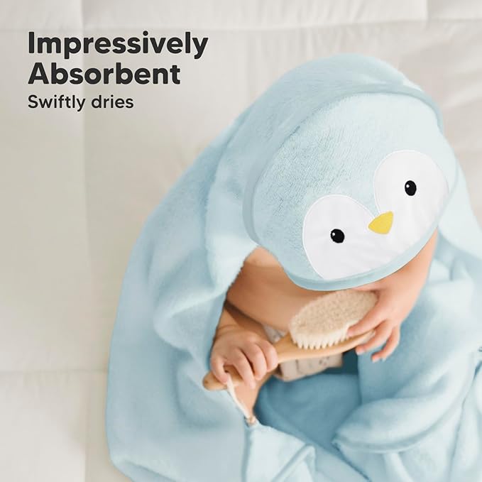 KeaBabies Hooded Baby Towel for Newborn - Viscose Derived from Bamboo Large Baby Bath Towels with Hood for Boys, Girls, Toddler, Extra Absorbent & Soft Newborn Bath Essentials (Penguin)