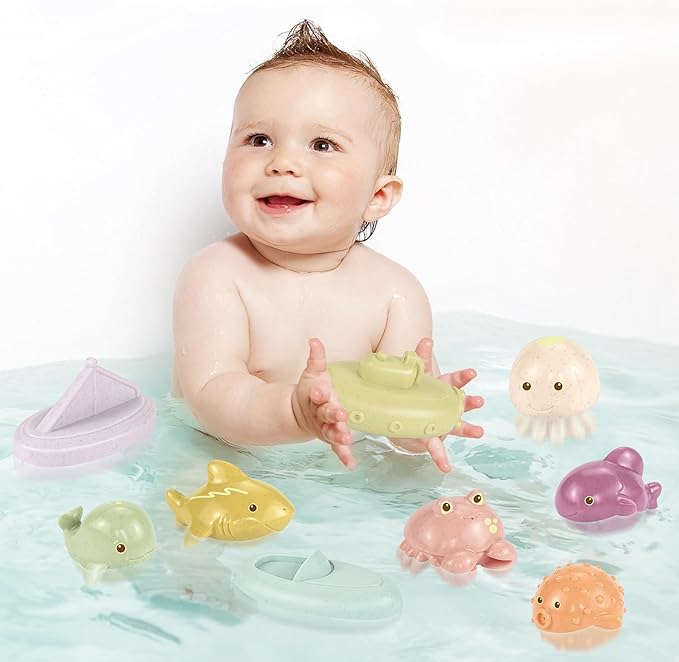Bath Toys, 9 Pack | Sealed, No Hole & Mold Free Bath Toys Design | Soft, Squeezable & Float on Water | Safe & Non-Toxic Easy-Grip Baby & Toddler Bath Toy Set | Baby Pool Toys