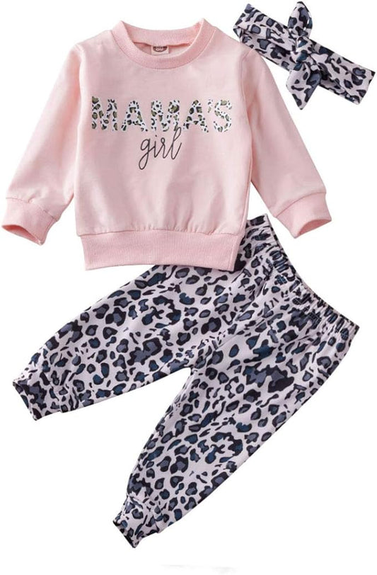 Madjtlqy Newborn Baby Girls Clothes Daddy Saying Top Printed T-Shirt Leopard Pants+Headband Sweatshirt Outfit Set