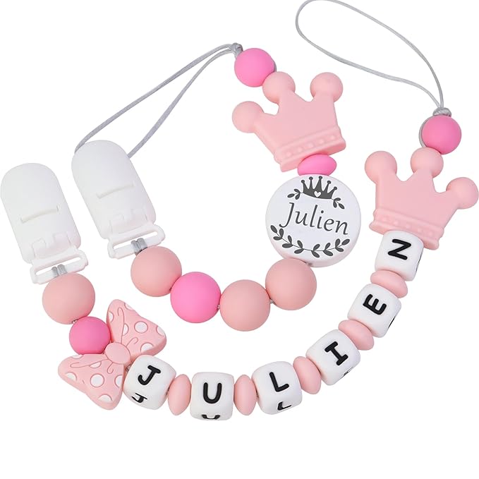 Personalized Pacifier Clip with Name, Customizable Pacifier Clip (2 Pack) (Crown-Pink)