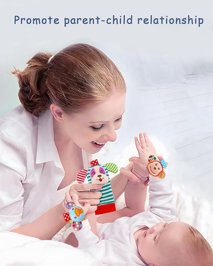 SSK Soft Baby Wrist Rattle Foot Finder Socks Set,Cotton and Plush Stuffed Infant Toys,Birthday Holiday Birth Present for Newborn Boy Girl 0/3/4/6/7/8/9/12/18 Months Kids Toddler,4 Cute Animals