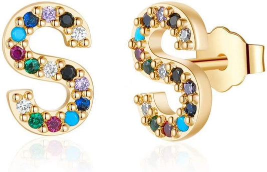 Memorjew Initial Stud Earrings for Women, Hypoallergenic 925 Sterling Silver Post Rainbow Cubic Zirconia Gold Plated 26 Initial Earrings for Women Jewelry Gifts