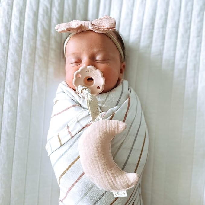Ali+Oli Plush Muslin Cotton Pacifier Holder (Moon-Ivory) Soft Binky Holder for Babies, Plush Holder for Pacifiers, Cute Baby Binkies Plush Holder, Pacifier Holder for Baby Boys & Girls