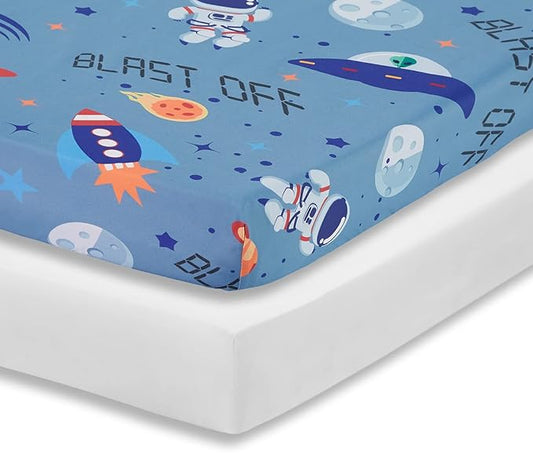 Everyday Kids 2 Pack Fitted Boys Crib Sheet, 100% Soft Breathable Microfiber Baby Sheet, Fits Standard Size Crib Mattress 28in x 52in, Nursery Sheet - Space/White