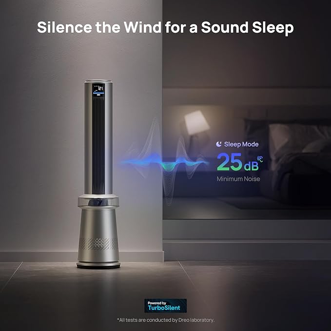 Dreo MC710S Air Purifier Tower Fan, 45" 2-in-1 Smart Fan for Bedroom, 27ft/s Velocity, 120°Oscillation, 24H Timer Bladeless Fans for Home, 25dB Low Noise, Standing Fan Works with Alexa, Silver Blue