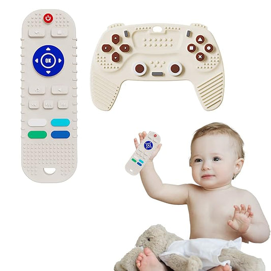 S-SNAIL-OO 2-Pack Baby Teether Toys Silicone Toddler, Sensory Toy Chew Toys Educational, TV Remote Control Shape Teething Toys for Babies 6-18 Months (Beige), 20.0 Count