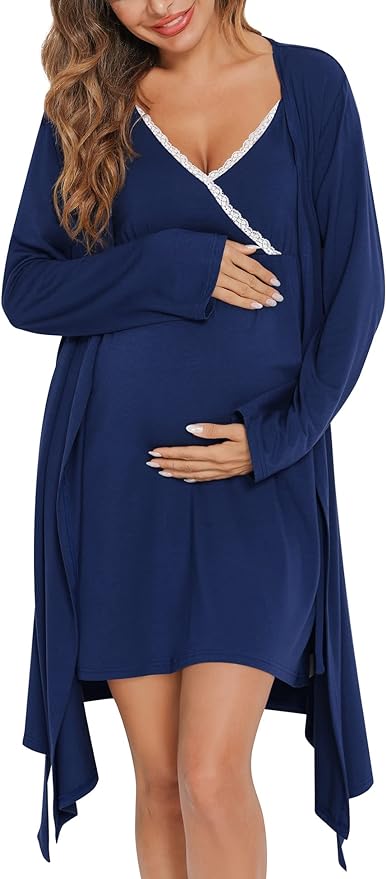 SWOMOG Womens Maternity Robe 2 Piece Nursing Nightgown for Breastfeeding 3 in 1 Labor Delivery Nursing Dress Lace Bathrobe