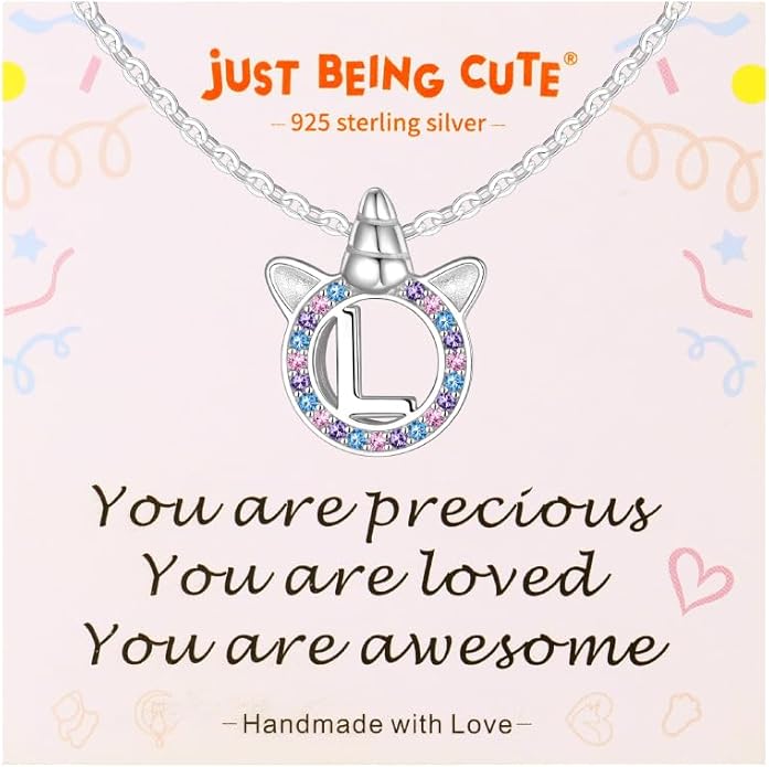 Unicorn Necklace for Girls, Initial Necklaces for Little Girls Kids Children, Hypoallergenic 925 Sterling Silver Kids Jewelry Colorful CZ Unicorn Gifts for Birthday Kindergarten Graduation Wedding