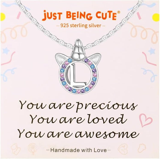 Unicorn Necklace for Girls, Initial Necklaces for Little Girls Kids Children, Hypoallergenic 925 Sterling Silver Kids Jewelry Colorful CZ Unicorn Gifts for Birthday Kindergarten Graduation Wedding
