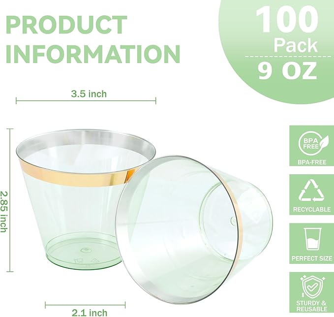 supernal 100 Pack Green Plastic Cups, 9 Oz Clear Green Disposable Cups with Gold Rimmed - Plastic Wine/Cocktail Glasses, Disposable Bridal/Shower Baby Shower Cup Perfect for Party & Wedding