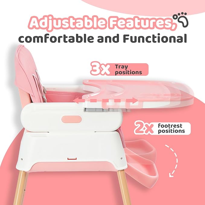 JOYMOR 5 in 1 Baby High Chair for Babies and Toddlers, Portable Highchair Fold Compact, ConvertibleBaby Feeding Chair Booster for Eating with Detachable Double Tray, 5 Point Harness (Pink)