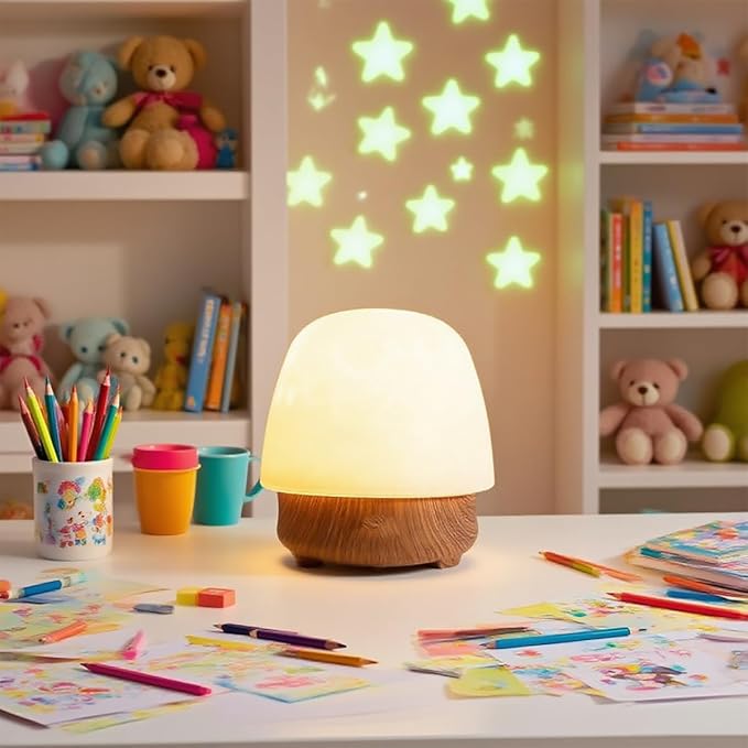 Lunie Light - Night Light & Bluetooth Noise Machine with Ocean Wave Projector, Speaker, Lampshade & Remote - 4 White Noise, 16-Color Touch Dimming for Sleep & Relaxation (Walnut)