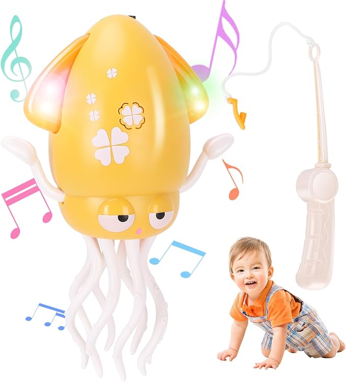 Dancing Octopus Baby Toy, Tummy Time Toys, with Music and Led Light, Automatically Avoids Obstacles, Crawling Toy Suitable for Birthday Gifts for Toddlers Over One Month Old(Yellow)