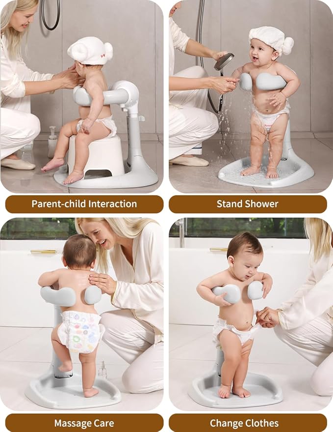 Baby Shower Stand, Baby Bath Support, Shower Standing Support with Adjustable Height and Armrest, Bath Stand with Anti-Skip and Shower Head Holder, Bath Essentials for Infants