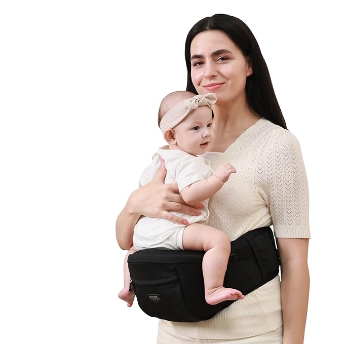 SUNVENO Baby Hip Carrier with Hip Seat, CPC-Certified, Ergonomic Infant Carrier for Newborns & Toddlers up to 45 lbs, Adjustable Waistband, Multiple Pockets, All-Season, Black