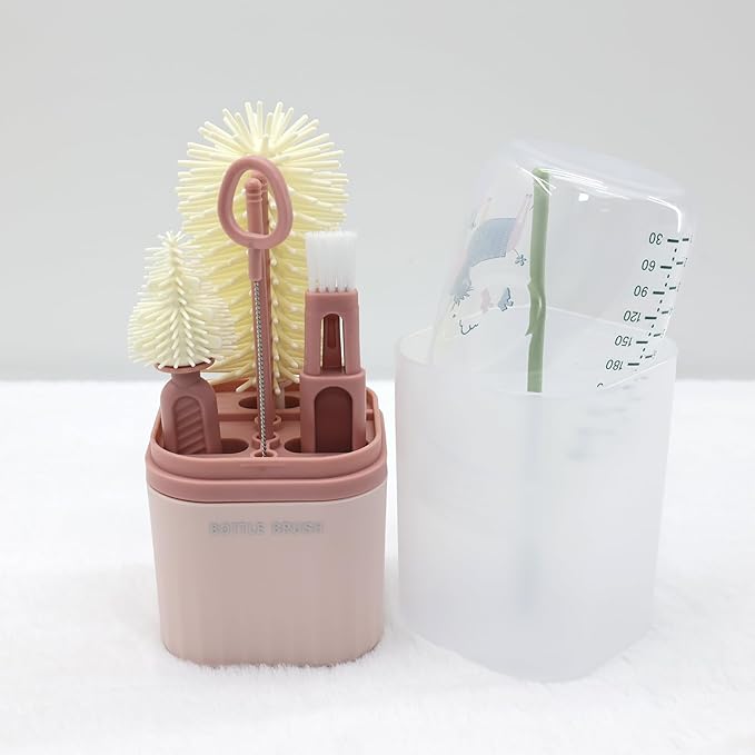 Silicone Baby Bottle Brush Set, Includes Baby Bottle Brush, Nipple Brush, Straw Brush, Spout Brush, Drying Rack and Storage Box, Portable and Travel-Friendly (Round - Pink)