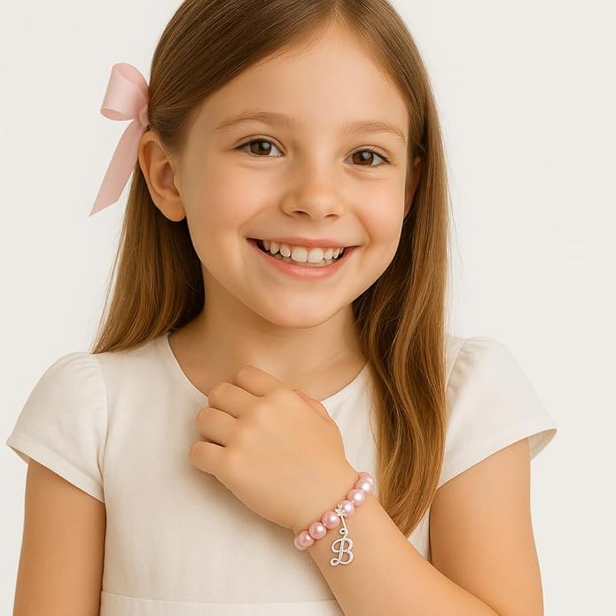925 Sterling Silver Daisy Initial Bracelet, Pink Pearl Charm Bracelet with A-Z Letter Charms, Personalized Baby jewelry, Baptism Gifts for Girl, Birthday Gifts, Bracelets for Girls