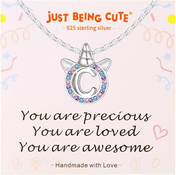 Unicorn Necklace for Girls, Initial Necklaces for Little Girls Kids Children, Hypoallergenic 925 Sterling Silver Kids Jewelry Colorful CZ Unicorn Gifts for Birthday Kindergarten Graduation Wedding
