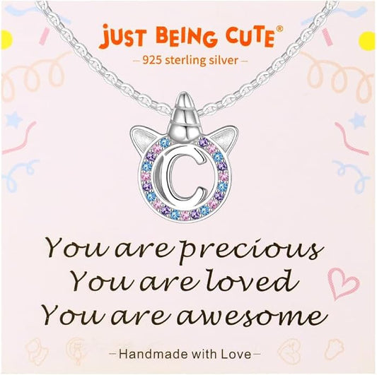 Unicorn Necklace for Girls, Initial Necklaces for Little Girls Kids Children, Hypoallergenic 925 Sterling Silver Kids Jewelry Colorful CZ Unicorn Gifts for Birthday Kindergarten Graduation Wedding