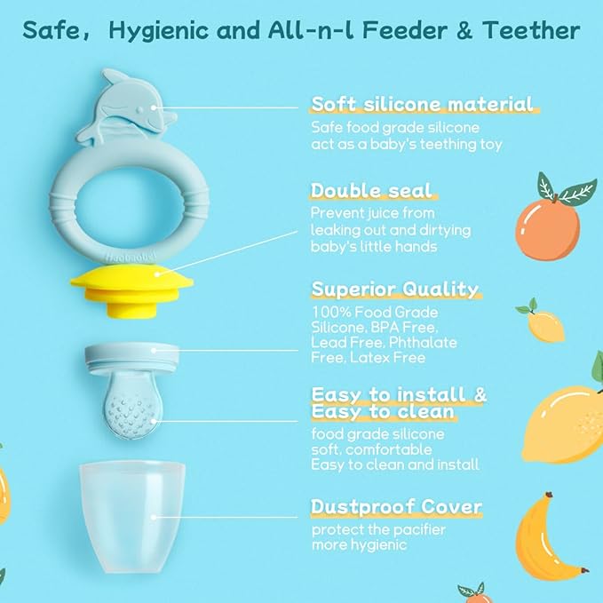 Baby Solids/Frozen Fruit Feeder Pacifier, Infant Teether Toy 4M+, BPA-Free Silicone Pouch & Nipple, Safely Introduce Solids, Teething Relief, 2-Pack (Dolphin - Blue Pink)