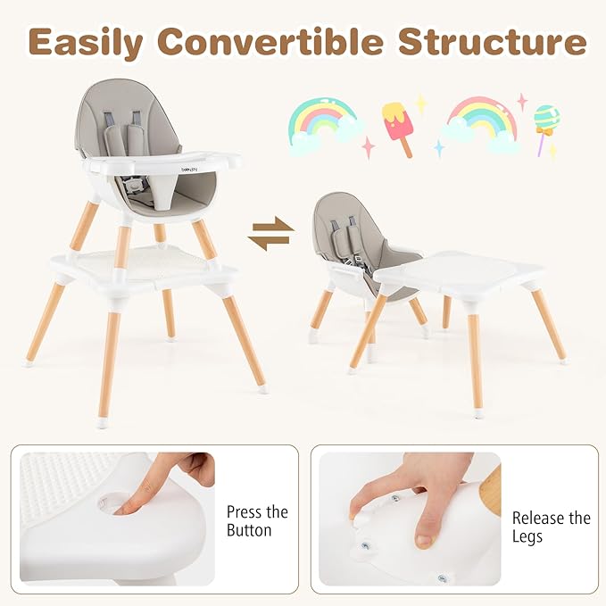 BABY JOY 6 in 1 High Chair, Convertible High Chairs for Babies and Toddlers/Booster Seat/Table and Chair Set, Infant Wooden Highchair w/ 5-Point Harness, 4-Position Removable Tray & PU Cushion (Gray)