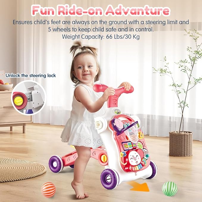 Baby Walker 5 in 1,VATOS Sit-to-Stand Learning Walker,Assemble as Scooter/Balance Bike/Push Walker/Activity Table/Detachable Panel,Push Walkers Toys with Music for Toddlers Infant Boys Girls