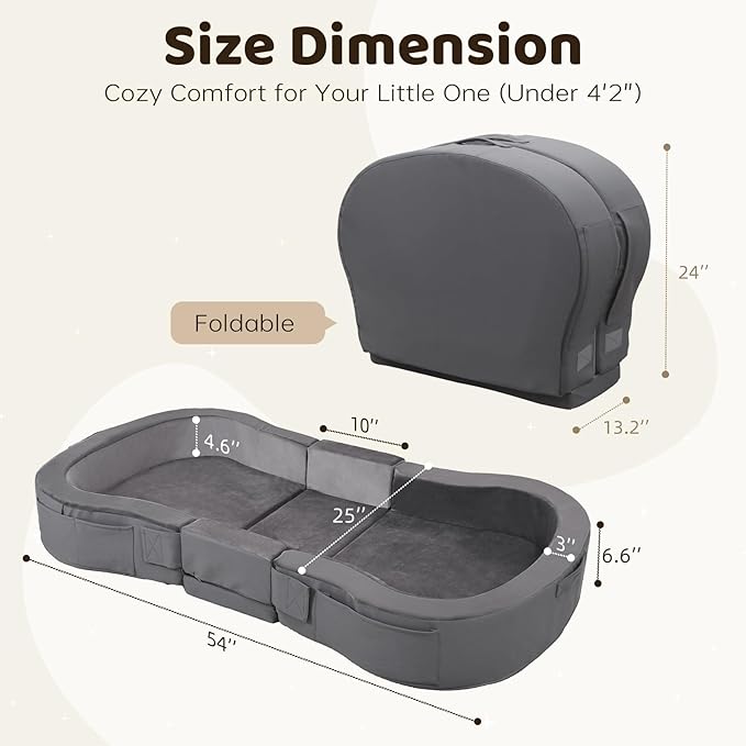 ENITYA Toddler Travel Bed, Foldable Floor Cot with Washable Cover for Travel, Camping, Home, Portable Crib for Kids Aged 18M–5Y, Easy to Use, Kids Cot for Sleeping, Grey