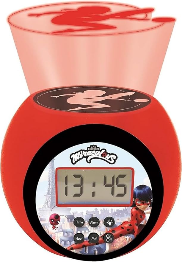 LEXiBOOK - Miraculous Projector Alarm Clock with Snooze Function and Alarm Function, Night Light with Timer, LCD Screen, Battery Operated, Red/Black, RL977MI