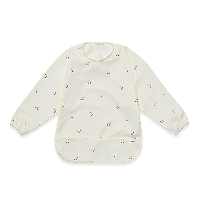 Lalo Smock Bib - Long Sleeve Bib for Infants and Toddlers - Elastic Cuffs, Large Catch-All Pocket, Waterproof Recycled Polyester - Easy to Clean for Mealtime and Art Time - Cherry Infant