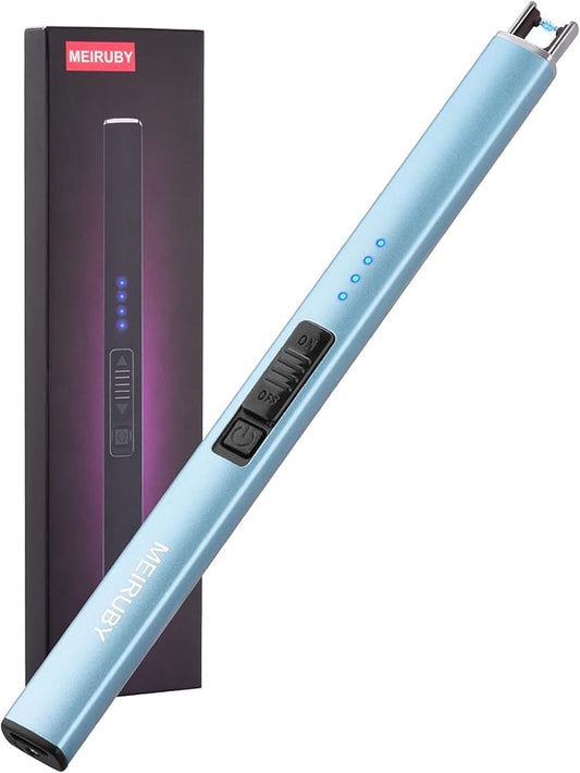 Electric Candle Lighter - Long, Rechargeable, Arc, Windproof, Flameless Lighters for Candle, Camping, BBQ, Birthday Gifts - Light Blue