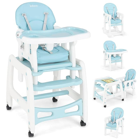 INFANS 5 in 1 Baby High Chair, Convertible Toddler Table Chair Set, Rocking Chair, Multi-Function Seat with Lockable Universal Wheels, Adjustable Seat Back, Removable Trays (Blue)