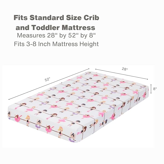 Everyday Kids 2 Pack Fitted Girls Crib Sheet, 100% Soft Breathable Microfiber Baby Sheet, Fits Standard Size Crib Mattress 28in x 52in, Nursery Sheet - Ballerina/Pink