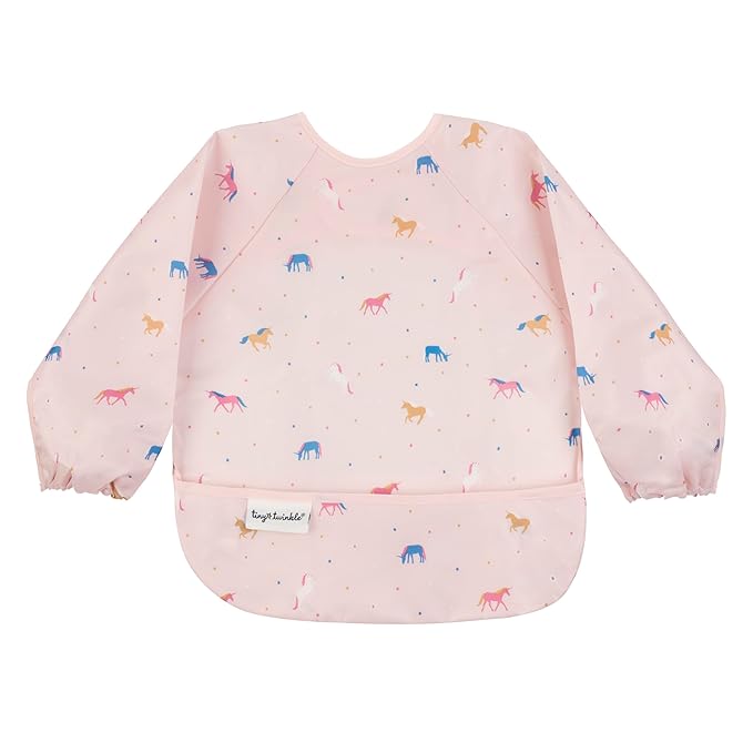 Tiny Twinkle Mess Proof Baby Bib,Waterproof Smock Baby Bib for Eating,Machine Washable Long Sleeve Bib,Baby Led Weaning,Toddler Bib,BLW Supplies(Unicorn Confetti, Small 6-24 Months)