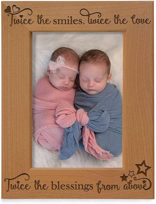 KATE POSH - Twice The Smiles, Twice The Love, Twice The Blessings from Above - Engraved Natural Wood Picture Frame - Twins Photo Frame, Twins Gifts for Babies, Twins Gifts for mom (4x6-Vertical)
