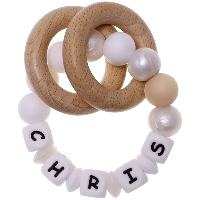 Personalized Teether Rattle Toy with Name,Custom Name Teething Ring for Boys Girls Baby Gift