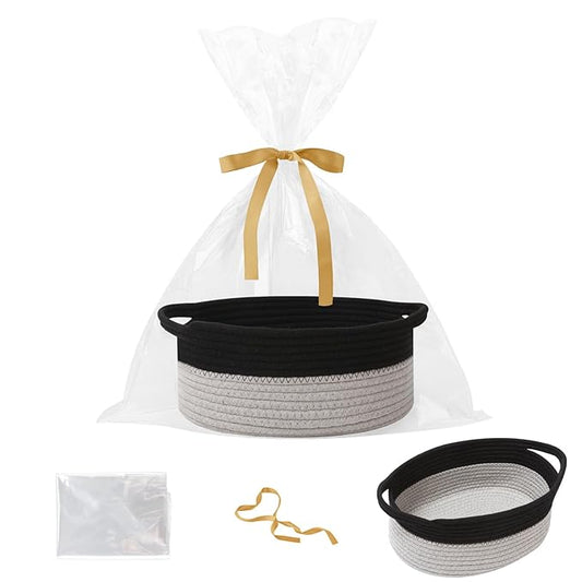 Gift Basket with Gift Bag and Ribbons,Small Rope Woven Shelf Storage,Baskets for Gifts Empty,Birthday,Shower,Decorative Organizer Box for Cat Dog Pet with Handles(Black&Grey)