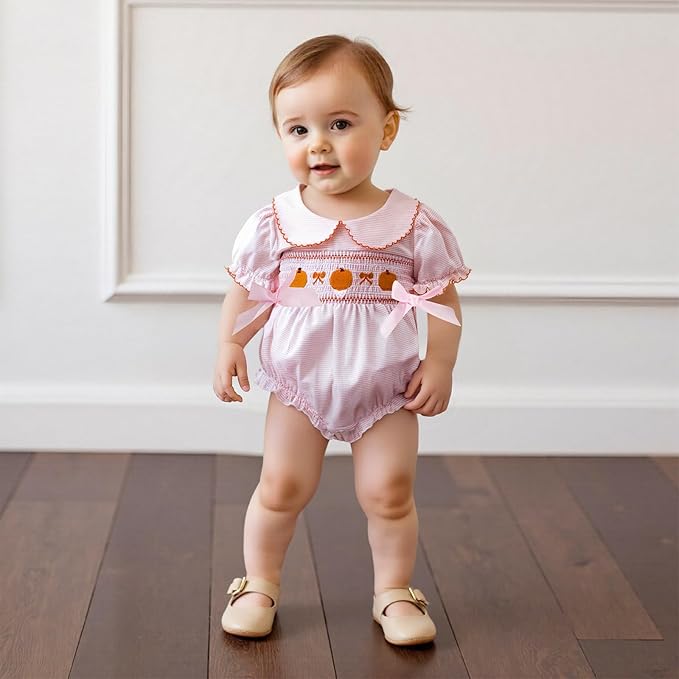 Baby Girl Halloween Outfit Newborn Pumpkin Romper Short Sleeve Onesie Infant Jumpsuit Smocked Baby Girl Clothes