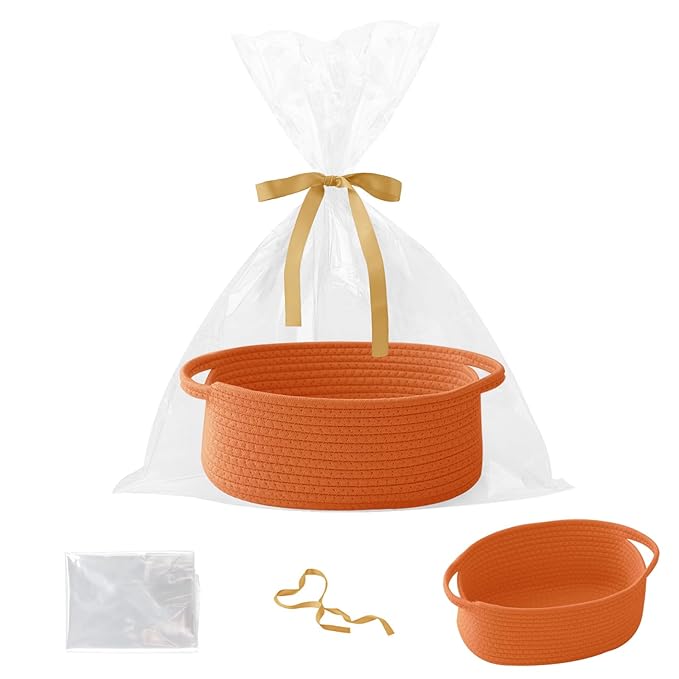 Gift Basket with Gift Bag and Ribbons,Small Rope Woven Shelf Storage,Baskets for Gifts Empty,Birthday,Shower,Decorative Organizer Box for Cat Dog Pet with Handles(Orange)