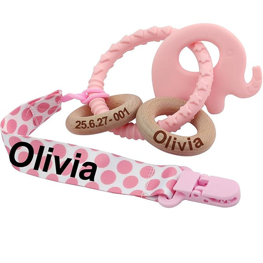Personalized Baby Rattle and Teether Ring Toy for Boys and Girls Gift,Custom Name Rattle Toy Newborn Teether Ring (Pink)
