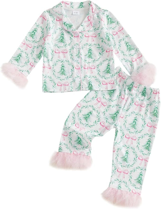 Toddler Kids Baby Girl Solid Pjs Ruffle Long Sleeve Button Shirt Top and Pants Cotton 2Piece Pajamas Set