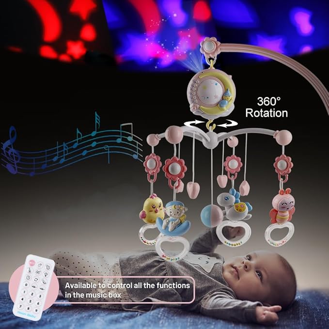 Baby Musical Crib Mobile with Timing Function Projector and Lights,Hanging Rotating Rattles and Remote Control Music Box with 150 Melodies,Toy for Newborn 0-24 Months