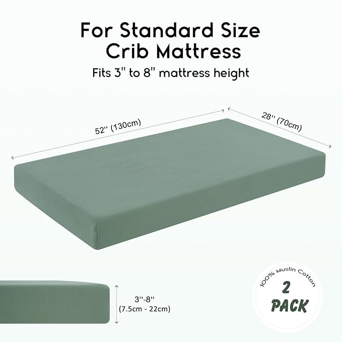Yoofoss Muslin Crib Sheets for Boys Girls 100% Cotton Fitted Baby Crib Sheet 2 Pack Soft and Breathable for Standard Crib Mattress & Toddler Mattress 52"x28" Apricot&Green