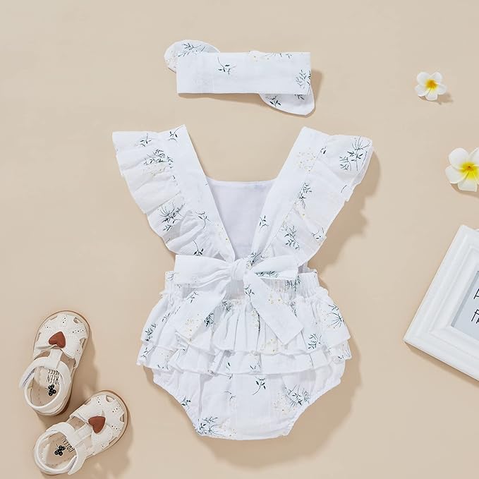 Baby Girls Floral Cotton Leotard Romper Newborn Daisy Playsuits Ruffled Sleeve Onesie Infant Jumpsuit Clothes Headband