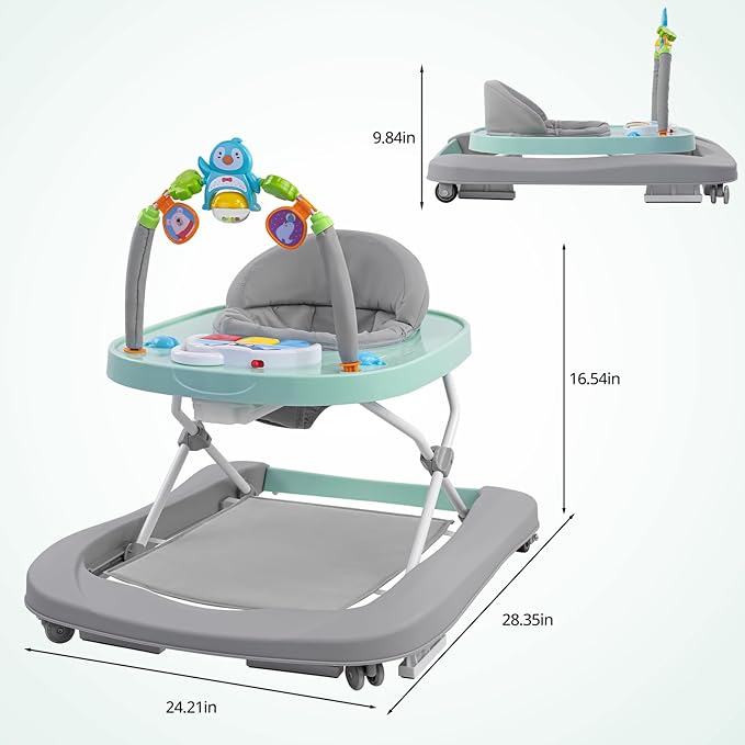 Foldable Baby Walker with Wheels, 3 Height Settings, 4-in-1 Activity Center for 6-18 Months with Tray, Music & Removable Footrest