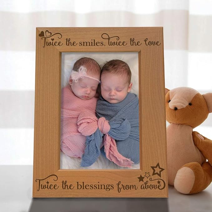 KATE POSH - Twice The Smiles, Twice The Love, Twice The Blessings from Above - Engraved Natural Wood Photo Frame - Twins Picture Frame, Twins Gifts for Babies, Twins Gifts for mom (5x7-Vertical)